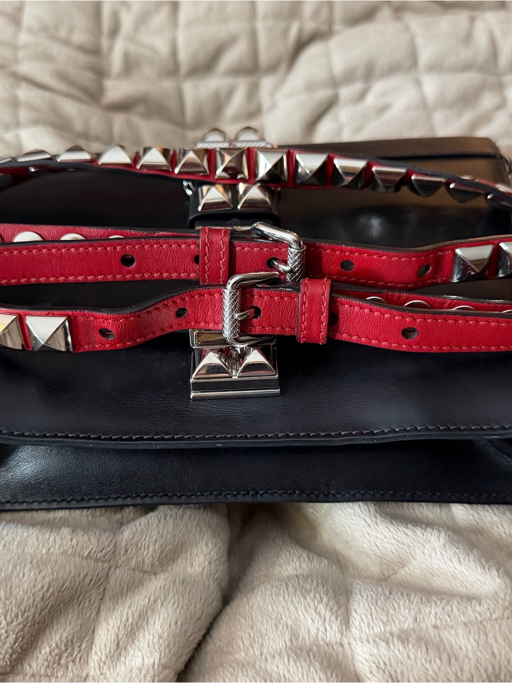 Prada Black Leather Crossbody w/Red Leather Silver-Tone Studded Strap & Accents! - Picture 15 of 15